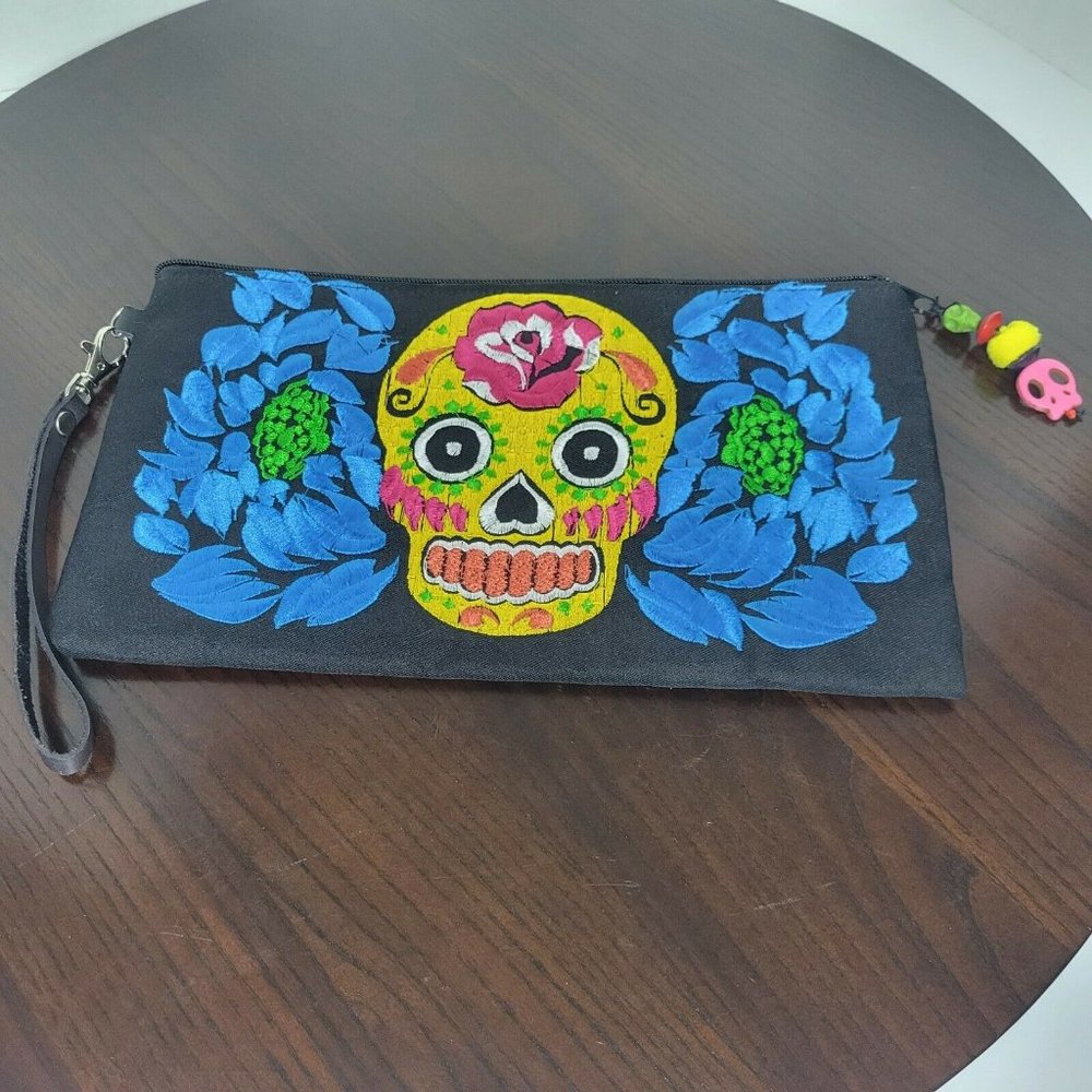 Lumily Fair Trade Thailand Black Multi Color Sugar Skull Floral Zippered Clutch